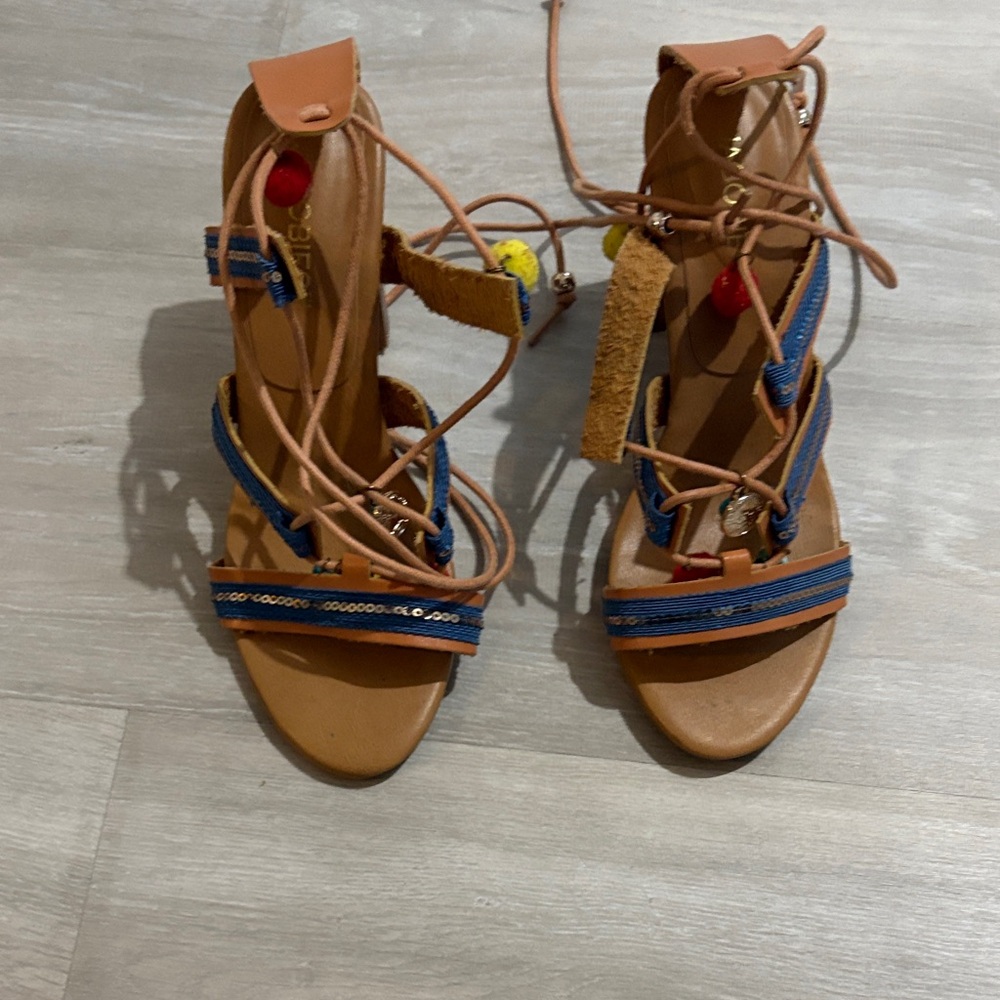 Stylish Tan and Blue Women's Sandals worn once